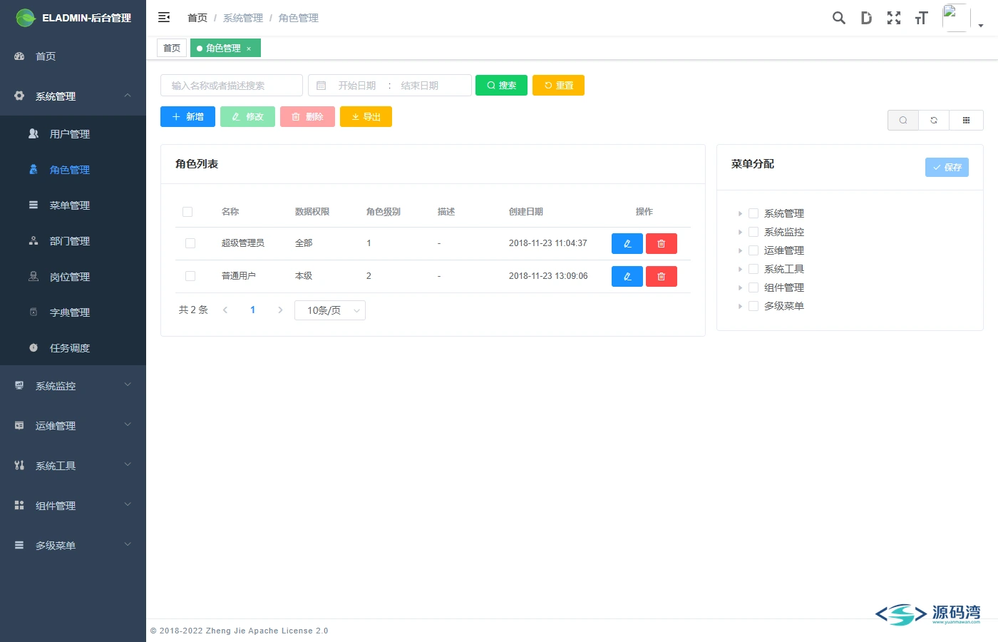 ELAdmin 角色管理页的角色列表与权限入口
