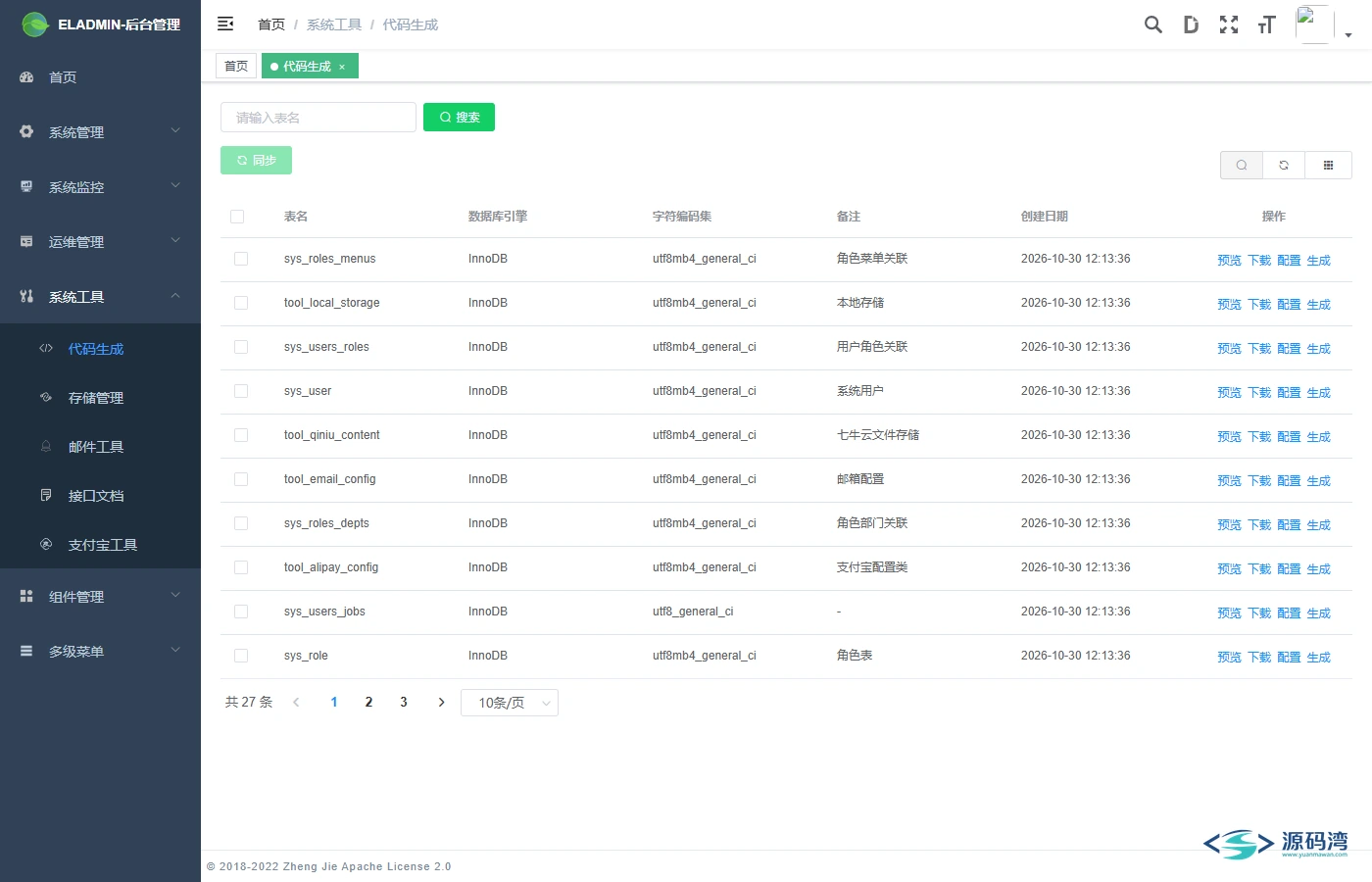 ELAdmin 代码生成页的表配置与代码预览